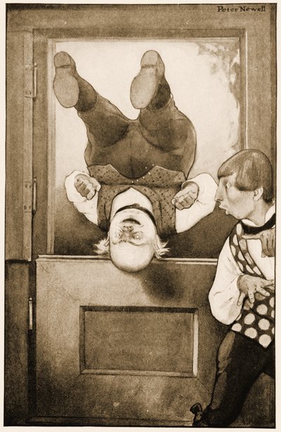 "El viejo Padre William dando una voltereta hacia atrás en la puerta", ilustración para Las aventuras de Alicia en el país de las maravillas de Lewis Carroll, 1901 de Peter Newell